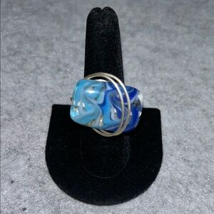 Abstract Blue Swirl Silver Tone Wired Glass Ring